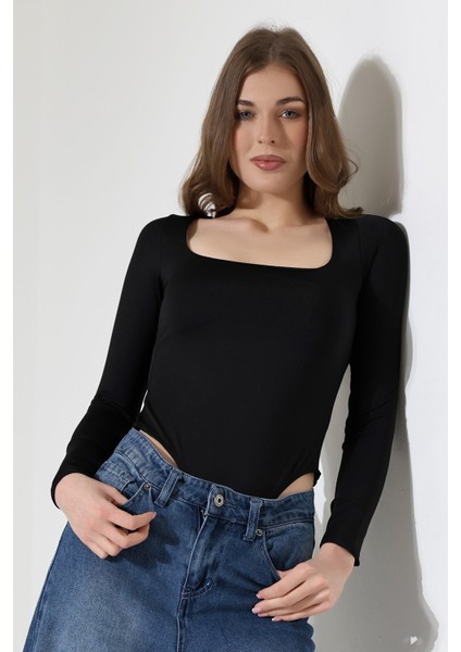 Kare Yaka Uzun Kollu Altı Külotlu ve Çıt Çıtlı Kadın Atlet - T-Shirt 21940 Siyah