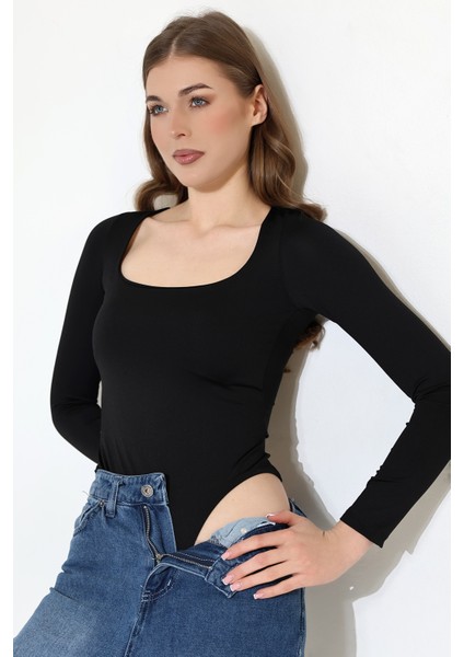 Kare Yaka Uzun Kollu Altı Külotlu ve Çıt Çıtlı Kadın Atlet - T-Shirt 21940 Siyah fiyatları