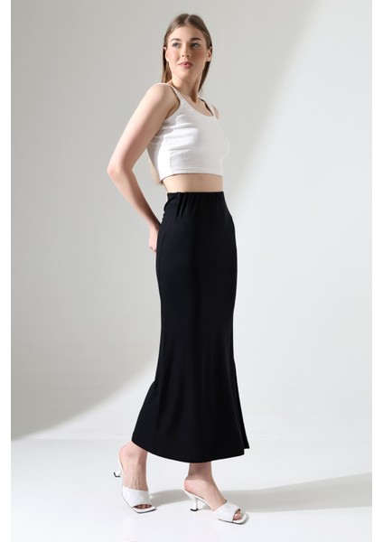 Belden Dar Kesim Diz Altı Tek Yırtmaçlı Uzun Kadın Etek 21921 Siyah