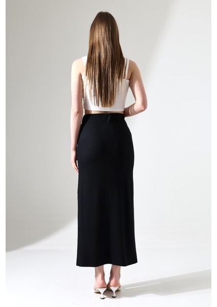 Belden Dar Kesim Diz Altı Tek Yırtmaçlı Uzun Kadın Etek 21921 Siyah fırsatları