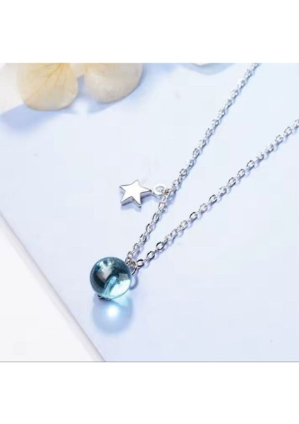 925 Ayar Gümüş Kristal Mavi Top ve Yıldız Kolye