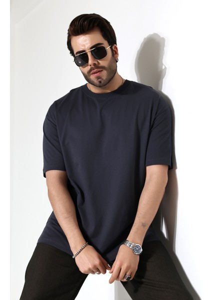 %100 Pamuk Basic Model Kaşkorseli Kısa Kol Oversize Erkek T-Shirt 21909 Füme