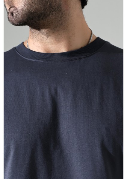 %100 Pamuk Basic Model Kaşkorseli Kısa Kol Oversize Erkek T-Shirt 21909 Füme