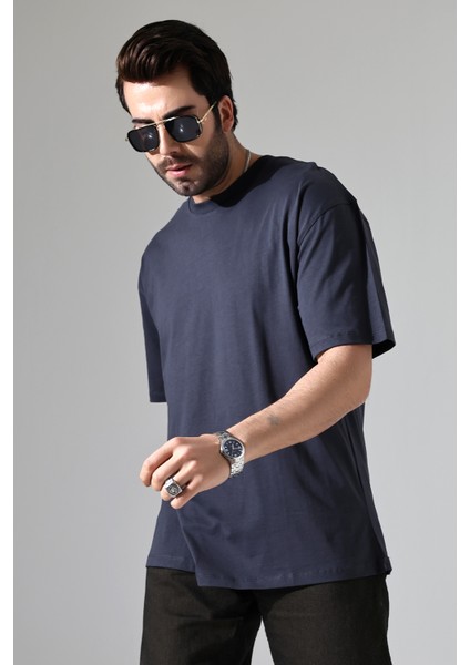 %100 Pamuk Basic Model Kaşkorseli Kısa Kol Oversize Erkek T-Shirt 21909 Füme