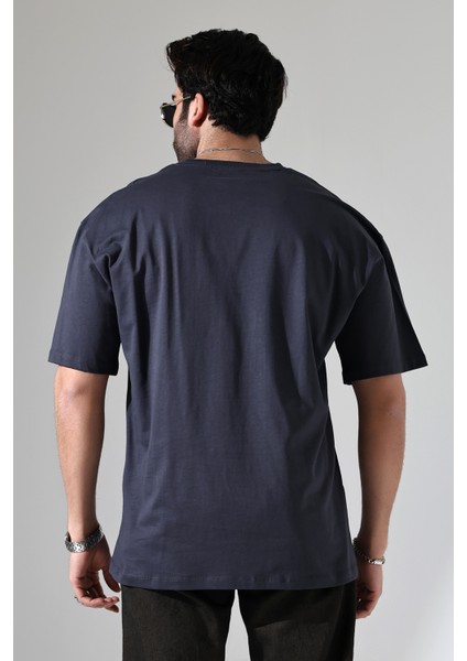 %100 Pamuk Basic Model Kaşkorseli Kısa Kol Oversize Erkek T-Shirt 21909 Füme
