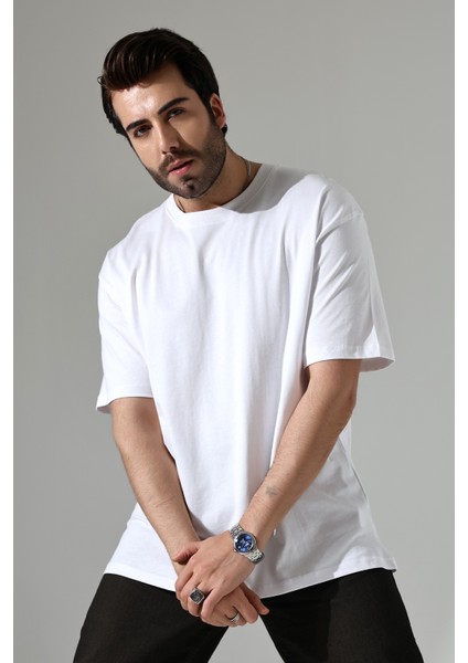 %100 Pamuk Basic Model Kaşkorseli Kısa Kol Oversize Erkek T-Shirt 21909 Beyaz