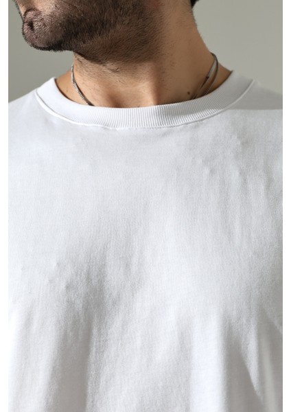 %100 Pamuk Basic Model Kaşkorseli Kısa Kol Oversize Erkek T-Shirt 21909 Beyaz