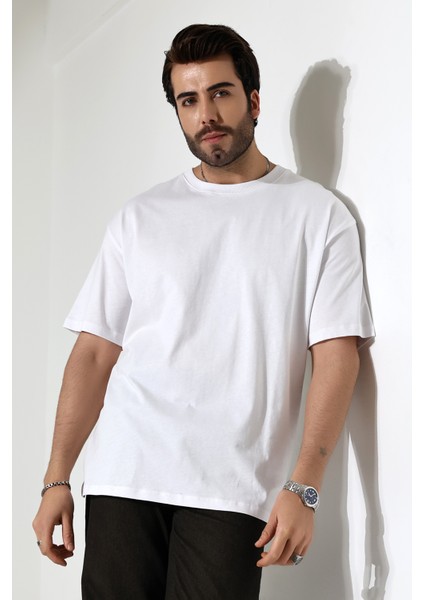%100 Pamuk Basic Model Kaşkorseli Kısa Kol Oversize Erkek T-Shirt 21909 Beyaz