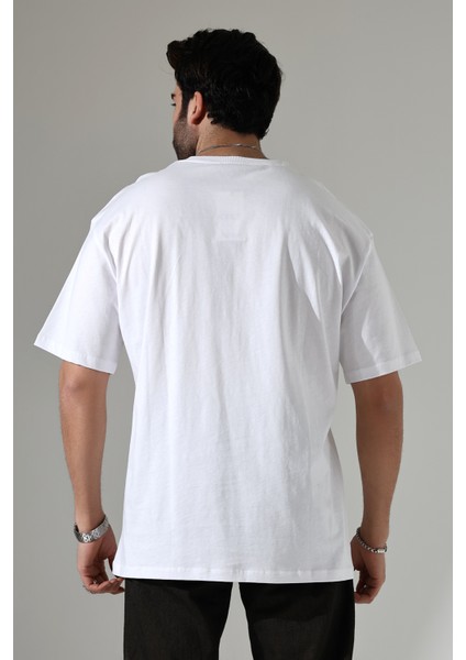 %100 Pamuk Basic Model Kaşkorseli Kısa Kol Oversize Erkek T-Shirt 21909 Beyaz