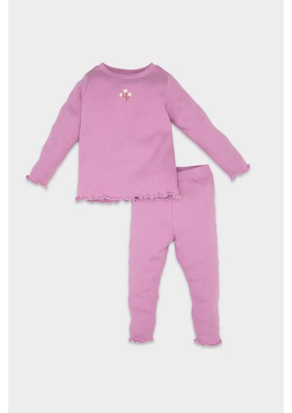 Kız Bebek 2'li Takım Çiçekli Fitilli Kaşkorse Uzun Kollu Tişört Tayt D6200A5NS
