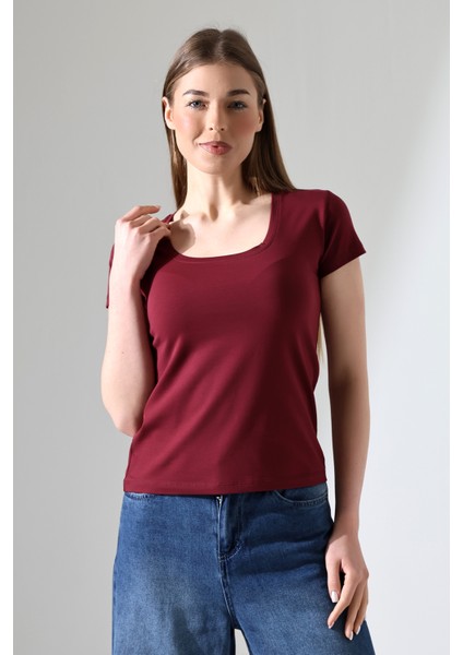 Kare Yaka Kısa Kol Penye Kompakt Likralı Esnek Basic T-Shirt 21069 Bordo