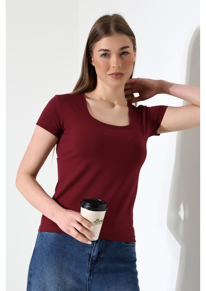 Kare Yaka Kısa Kol Penye Kompakt Likralı Esnek Basic T-Shirt 21069 Bordo modelleri