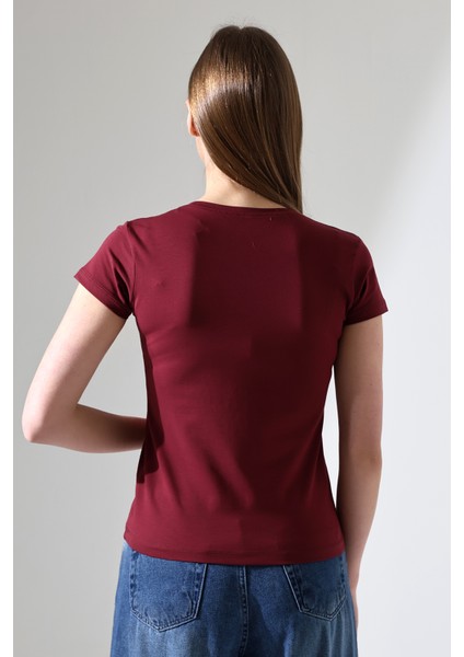 Kare Yaka Kısa Kol Penye Kompakt Likralı Esnek Basic T-Shirt 21069 Bordo fırsatları