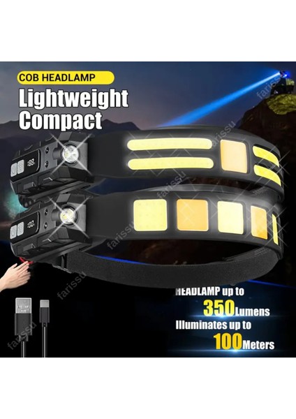Ultra-Parlak LED + Cob Şarj Edilebilir Kafa Feneri – Hareket Sensörlü, Ayarlanabilir Işın, Hafif ve Dayanıklı Tasarım