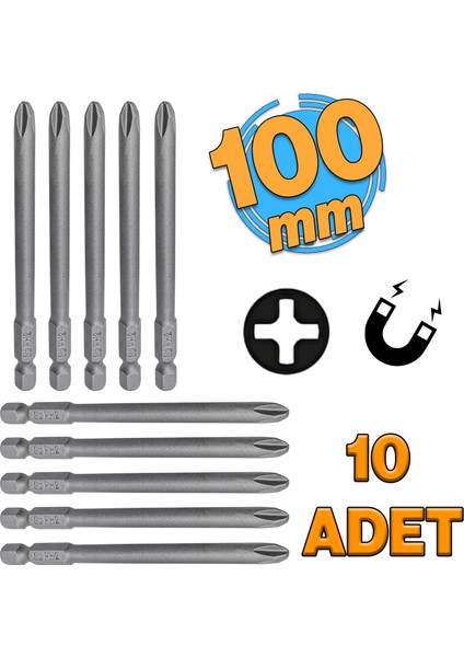 Mıknatıslı Yıldız Ph2 Bits Uç 100 mm 10'lu Set Kutulu Manyetik 1/4" Matkap Ucu 10 cm Uzunluk