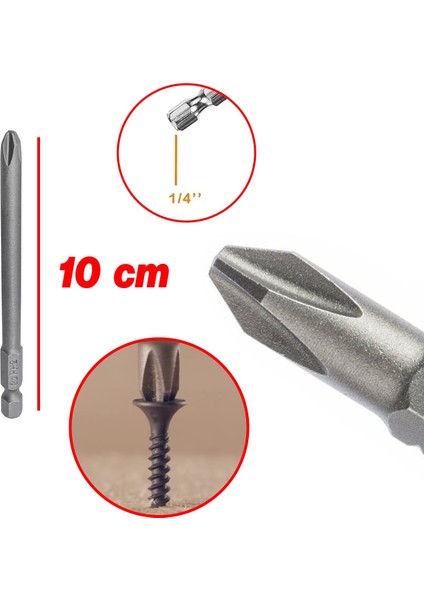 Mıknatıslı Yıldız Ph2 Bits Uç 100 mm 10'lu Set Kutulu Manyetik 1/4" Matkap Ucu 10 cm Uzunluk