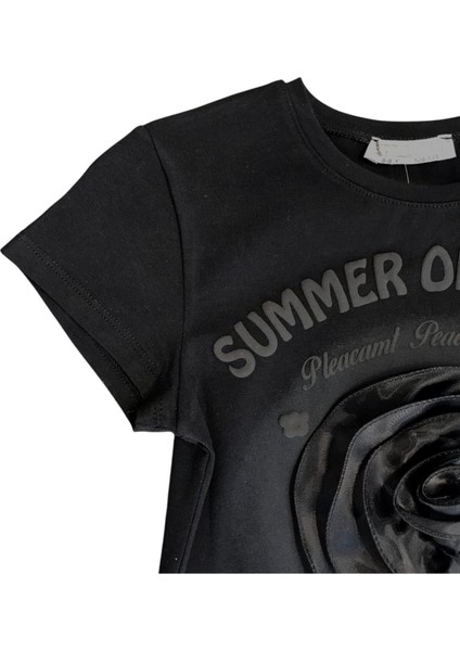 Kız Çocuk Gül Aksesuarlı Bağlamalı Tshirt