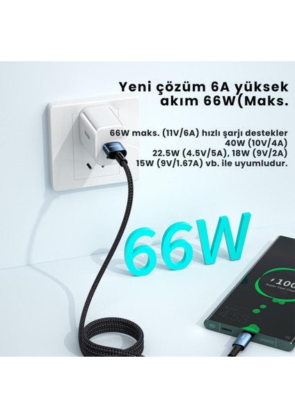 1 Metre 66W 6A USB To Type-C Süper Hızlı Data Şarj Kablosu Ultra Dayanıklı Şarj ve Data Kablosu