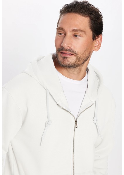 Unisex Relax Fit Rahat Kesim Pamuklu İçi Polarlı Çift Cepli Fermuarlı Beyaz Kapüşonlu Sweatshirt fiyatları