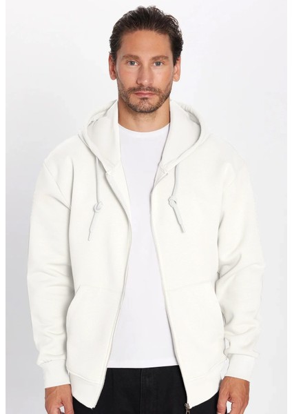 Unisex Relax Fit Rahat Kesim Pamuklu İçi Polarlı Çift Cepli Fermuarlı Beyaz Kapüşonlu Sweatshirt fırsatları