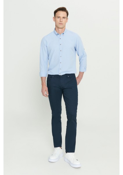 Erkek Lacivert 360 Derece Her Yöne Esneyen Slim Fit Dar Kesim Diyagonal Esnek Desenli Pantolon