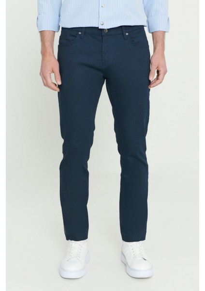 Erkek Lacivert 360 Derece Her Yöne Esneyen Slim Fit Dar Kesim Diyagonal Esnek Desenli Pantolon