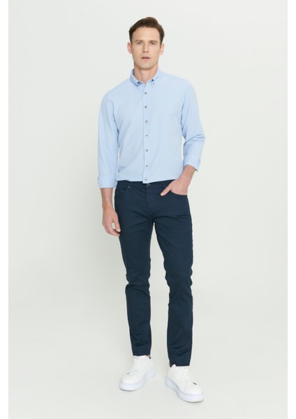 Erkek Lacivert 360 Derece Her Yöne Esneyen Slim Fit Dar Kesim Diyagonal Esnek Desenli Pantolon