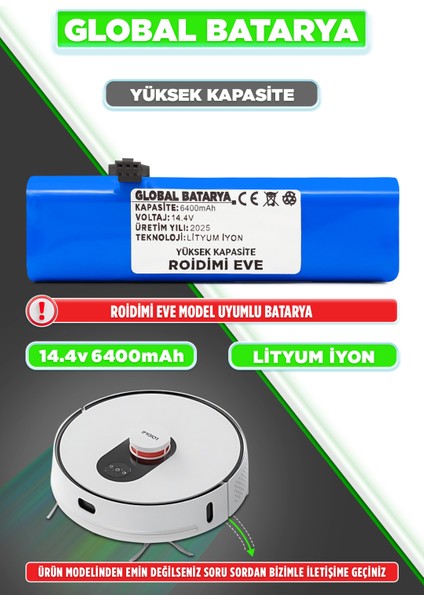 Roidmi Eve Uyumlu Akıllı Robot Süpürge Bataryası 14.4V 6400MAH Li-Ion Pil (Yüksek Kapasite)