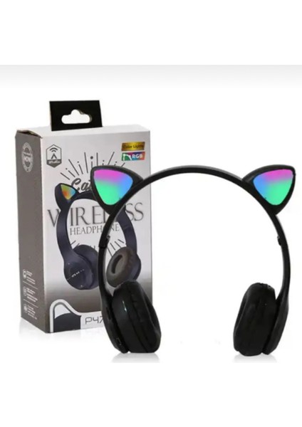P47M Bluetooth 5.0 LED Işıklı Kedi Tasarımlı Katlanabilir Kulak Üstü Kulaklık Siyah
