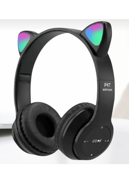 P47M Bluetooth 5.0 LED Işıklı Kedi Tasarımlı Katlanabilir Kulak Üstü Kulaklık Siyah