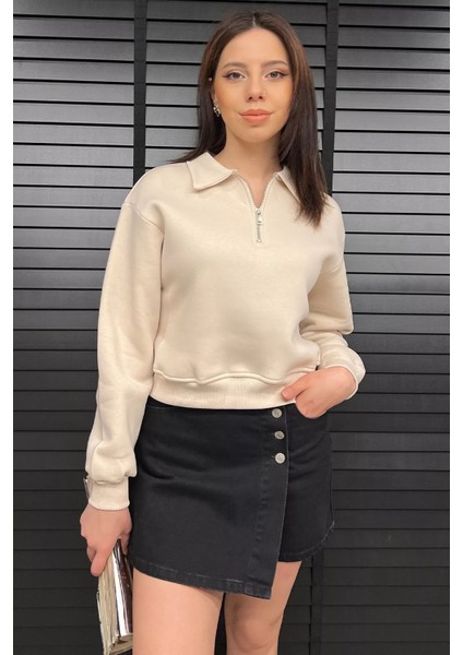 Polo Yaka Yarım Fermuarlı Üç Iplik Şardonlu Sweatshirt fiyatları