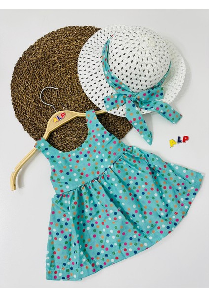 Hat And Spotted Themed 2 Parça Elbise Set Kız Takım Turkuaz