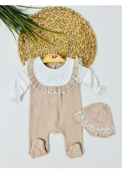 Poland Güpür Robalı Dokuma Şapkalı Tulum Set - Krem