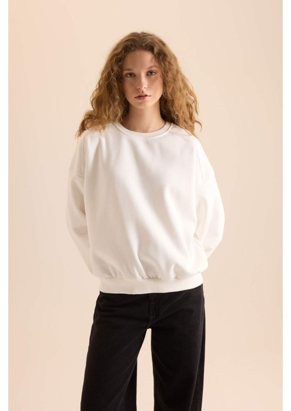 Coool Oversize Geniş Kalıp Bisiklet Yaka Basic Düz Kalın Sweatshirt D9022AXNS