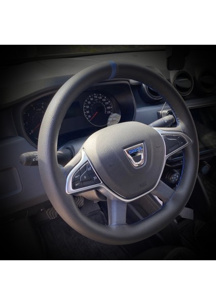 Dikişli Direksiyon Kılıfı Siyah Deri Mavi Yüzük Mavi Dikiş Dacia Için