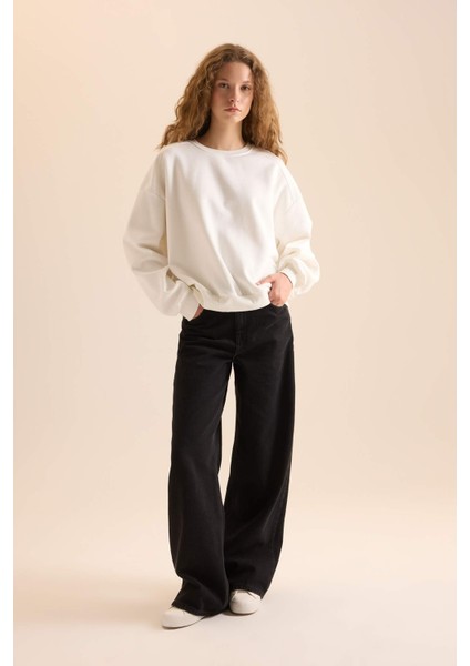 Coool Oversize Geniş Kalıp Bisiklet Yaka Basic Düz Kalın Sweatshirt D9022AXNS