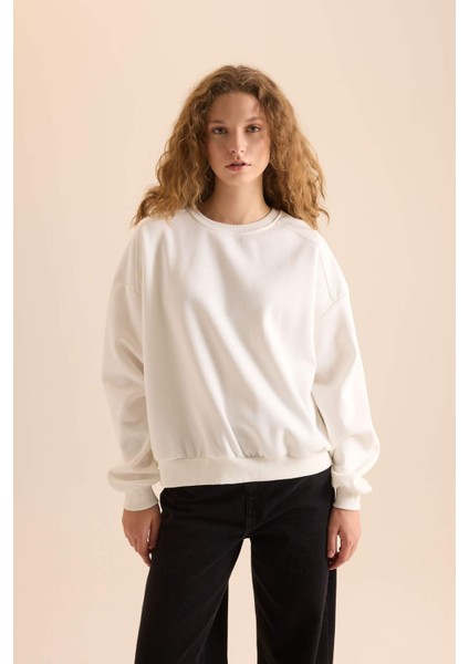 Coool Oversize Geniş Kalıp Bisiklet Yaka Basic Düz Kalın Sweatshirt D9022AXNS
