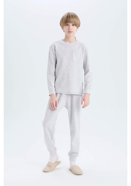 Erkek Çocuk Pijama Takımı Waffle Bisiklet Yaka Uzun Kollu Üst Beli Lastikli Uzun Alt D9977A825SP