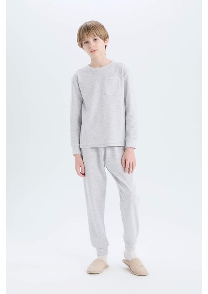 Erkek Çocuk Pijama Takımı Waffle Bisiklet Yaka Uzun Kollu Üst Beli Lastikli Uzun Alt D9977A825SP