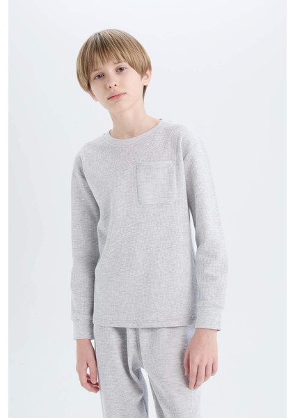 Erkek Çocuk Pijama Takımı Waffle Bisiklet Yaka Uzun Kollu Üst Beli Lastikli Uzun Alt D9977A825SP