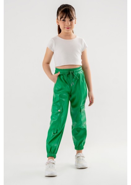 Kız Çocuk Paçası Lastikli Deri Pantolon 2533