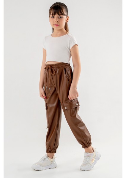 Kız Çocuk Paçası Lastikli Deri Pantolon 2533