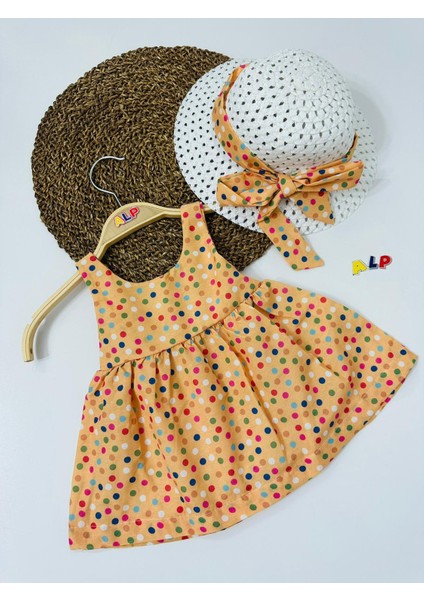 Hat And Spotted Themed 2 Parça Elbise Set Kız Takım Turuncu