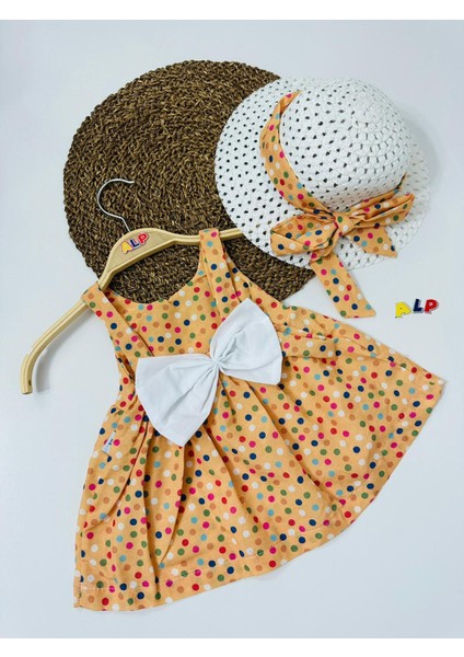 Hat And Spotted Themed 2 Parça Elbise Set Kız Takım Turuncu