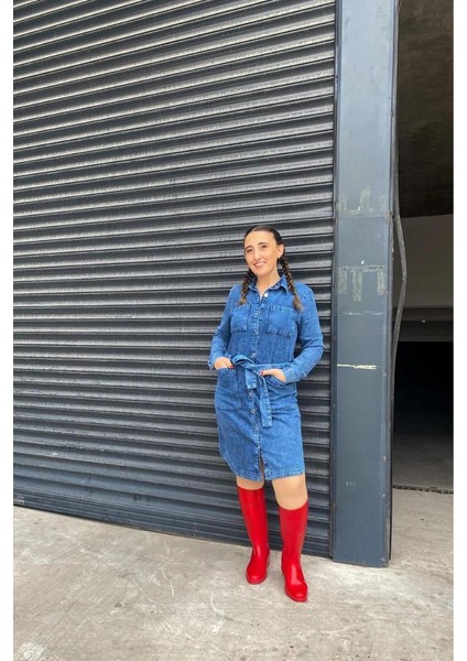 Begum Akman Boydan Düğmeli Denim Elbise