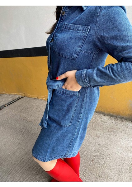 Begum Akman Boydan Düğmeli Denim Elbise
