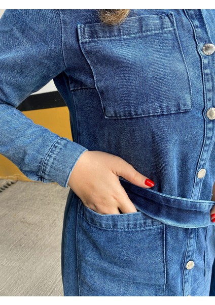 Begum Akman Boydan Düğmeli Denim Elbise