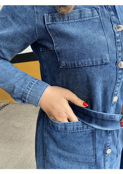 Begum Akman Boydan Düğmeli Denim Elbise