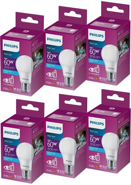 Phılıps 8W-60W E27 6500K Beyaz Işık LED Ampül 6'lı Paket