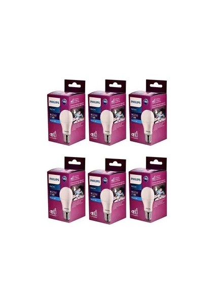 Phılıps 8W-60W E27 6500K Beyaz Işık LED Ampül 6'lı Paket